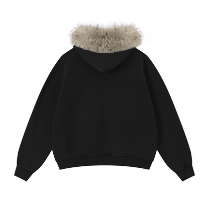 400GSM Unisex Vintage Boxyfit Faux Fur Collar Zipper Hoodie Vintage Black