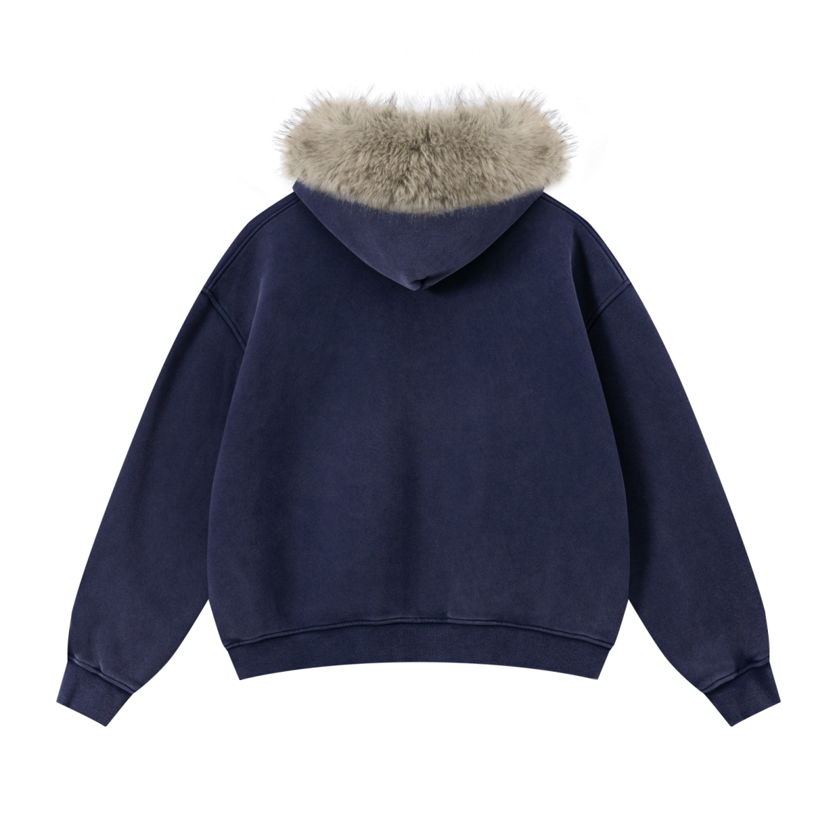 400GSM Unisex Vintage Boxyfit Faux Fur Collar Zipper Hoodie Vintage Sapphire Blue