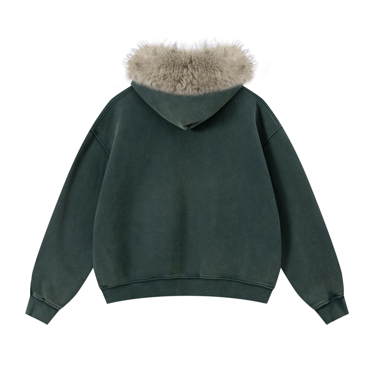 400GSM Unisex Vintage Boxyfit Faux Fur Collar Zipper Hoodie Vintage Olive Green