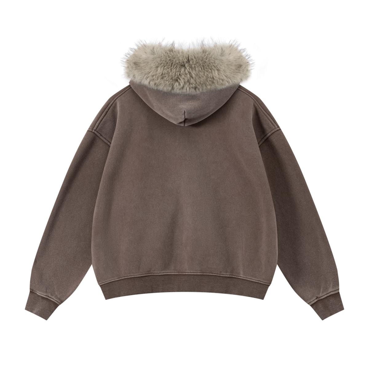 400GSM Unisex Vintage Boxyfit Faux Fur Collar Zipper Hoodie Vintage Deep Brown