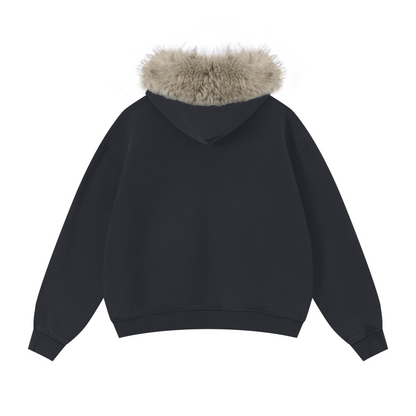 400GSM Unisex Vintage Boxyfit Faux Fur Collar Zipper Hoodie Vintage Dark Grey