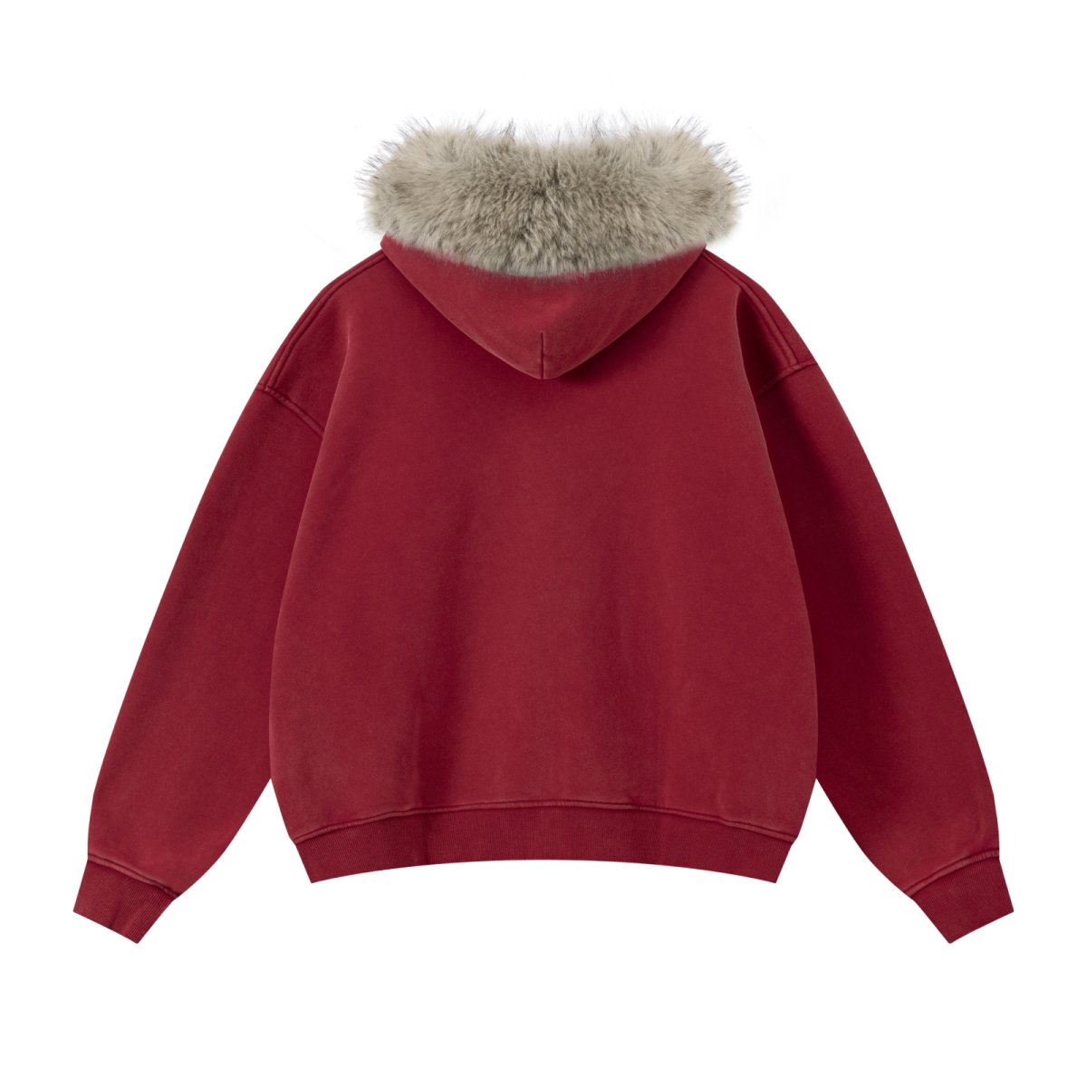 400GSM Unisex Vintage Boxyfit Faux Fur Collar Zipper Hoodie Vintage Rust Red