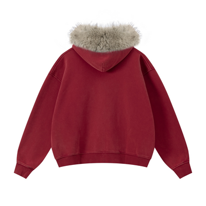 400GSM Unisex Vintage Boxyfit Faux Fur Collar Zipper Hoodie Vintage Rust Red