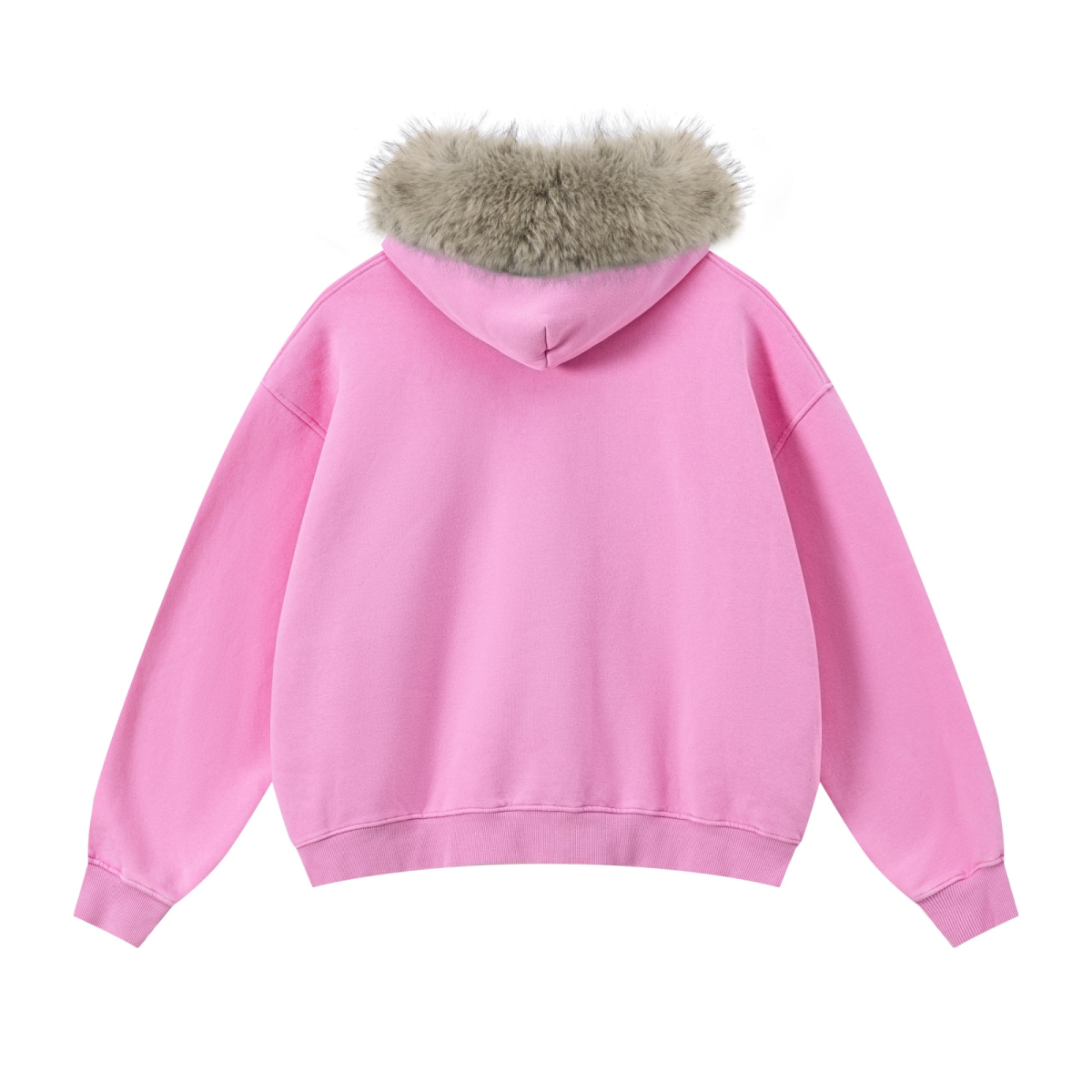 400GSM Unisex Vintage Boxyfit Faux Fur Collar Zipper Hoodie Vintage Peach Pink