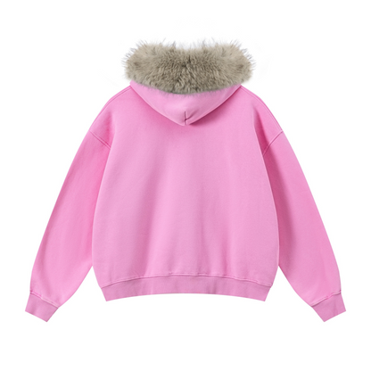 400GSM Unisex Vintage Boxyfit Faux Fur Collar Zipper Hoodie Vintage Peach Pink