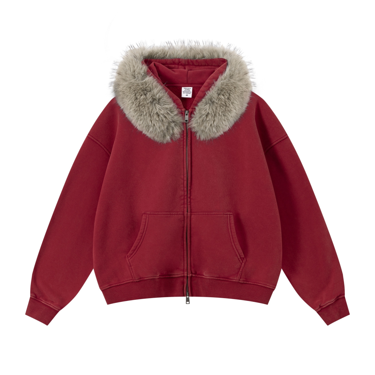 400GSM Unisex Vintage Boxyfit Faux Fur Collar Zipper Hoodie Vintage Rust Red