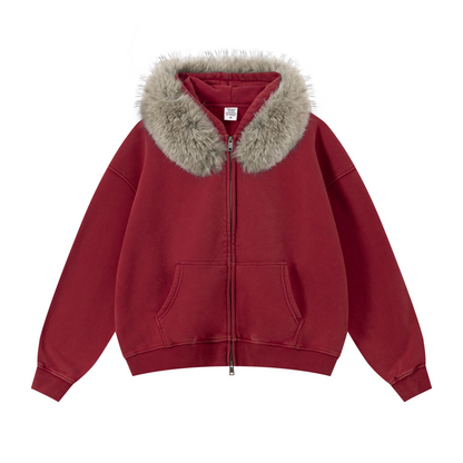 400GSM Unisex Vintage Boxyfit Faux Fur Collar Zipper Hoodie Vintage Rust Red