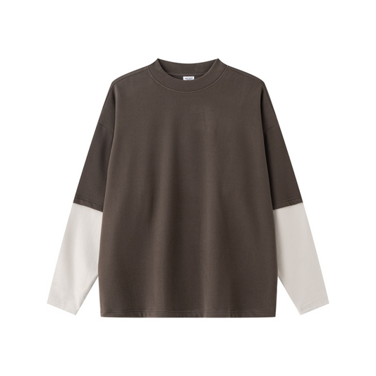 320GSM Unisex Faux Layered Solid Color Base Layer Long-Sleeve Coffee/Grey Apricot
