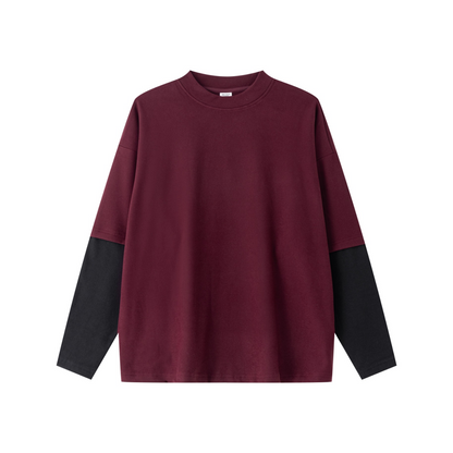320GSM Unisex Faux Layered Solid Color Base Layer Long-Sleeve Dark Red/Black