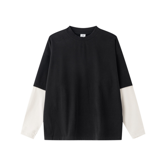 320GSM Unisex Faux Layered Solid Color Base Layer Long-Sleeve Black/Grey Apricot