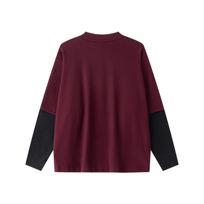 320GSM Unisex Faux Layered Solid Color Base Layer Long-Sleeve Dark Red/Black